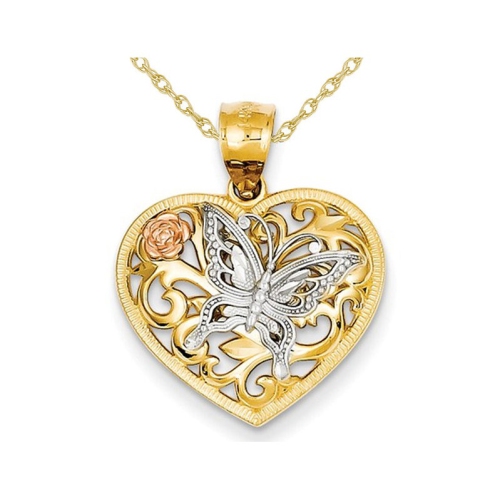 GEM AND HARMONY  Butterfly Heart Pendant Necklace In 14K And White Gold With Chain In Yellow
