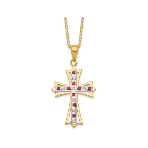 GEM AND HARMONY  Ruby Cross Pendant Necklace In Sterling Silver And 14K Yellow Gold Plating In Red