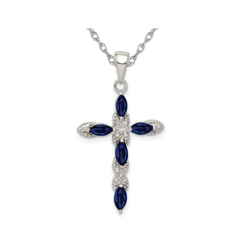 GEM AND HARMONY  9/10 Carat (Ctw) Natural Dark Sapphire Cross Pendant Necklace In Sterling Silver With Chain In Blue