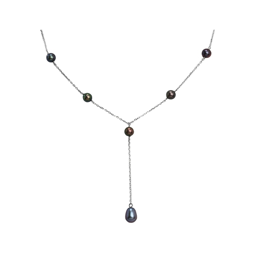 GEM AND HARMONY  Cultured Freshwater Pearl Lariat Necklace In Sterling Silver 16 Inches In Black