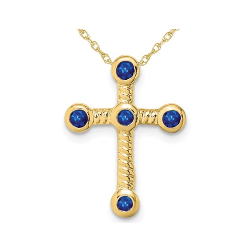 GEM AND HARMONY  3/10 Carat (Ctw) Natural Blue Sapphire Cross Pendant Necklace In 14K Gold With Chain In Yellow
