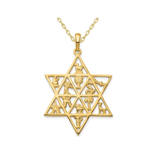 GEM AND HARMONY  14K Gold Star Of David 12 Tribe Pendant Necklace With Chain In Yellow