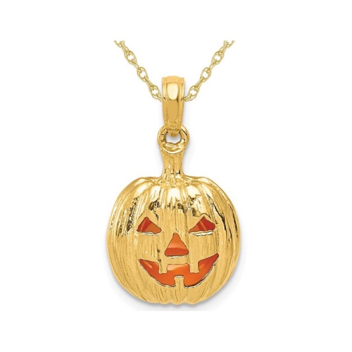 GEM AND HARMONY  14K Gold Halloween Pumpkin Charm Pendant Necklace With Chain In Yellow