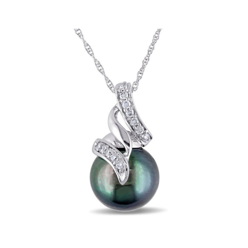 GEM AND HARMONY  9.5-10MM Black Tahitian Cultured Pearl Pendant Necklace In 10K Gold With Chain And Accent Diamonds In White