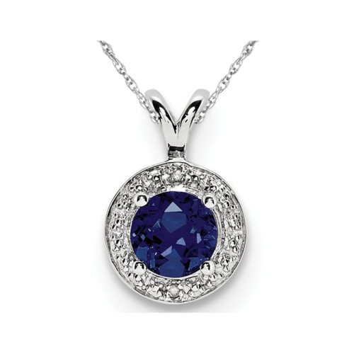 GEM AND HARMONY  6MM Lab Created Sapphire Halo Pendant Necklace In Sterling Silver With Chain In Blue