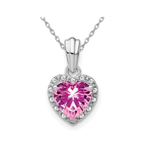 GEM AND HARMONY  1.50 Carat (Ctw) Lab-Created Sapphire Heart Pendant Necklace In Sterling Silver With Chain In Pink