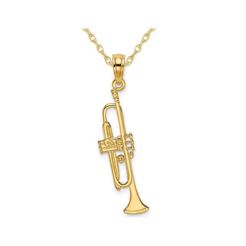 GEM AND HARMONY  14K Gold Polished Trumpeet Musical Charm Pendant Necklace With Chain In Yellow