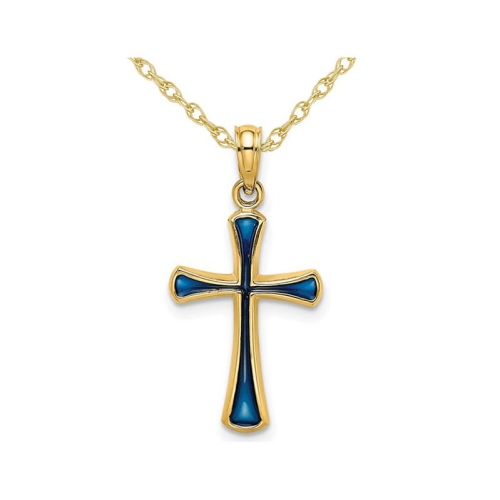GEM AND HARMONY  14K Gold Cross Pendant Necklace With Blue Enamel And Chain In Yellow
