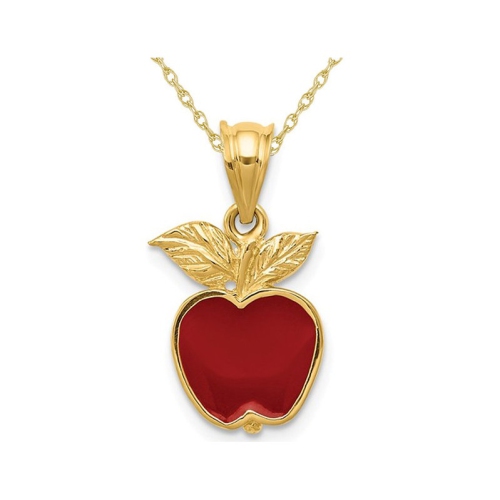 GEM AND HARMONY  14K Yellow Gold Enamel Apple Charm Pendant Necklace With Chain In Red