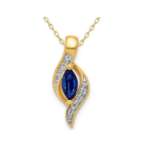 GEM AND HARMONY  1/4 Carat (Ctw) Blue Sapphire And Accent Diamond Pendant Necklace In 14K Gold With Chain In Yellow
