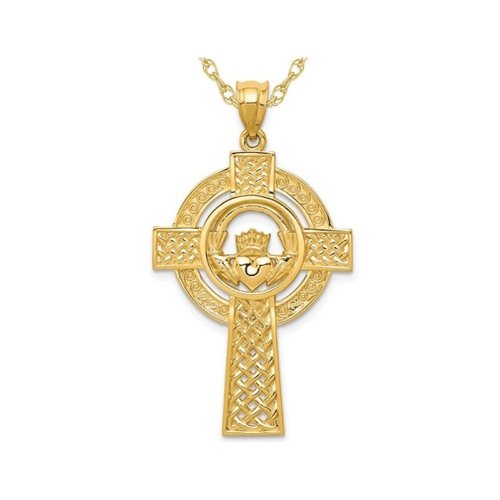 GEM AND HARMONY  14K Gold Celtic Claddagh Cross Pendant Necklace In Yellow
