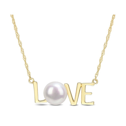 7-7.5MM Freshwater Cultured Pearl LOVE Pendant Necklace in10K Yellow Gold with Chain