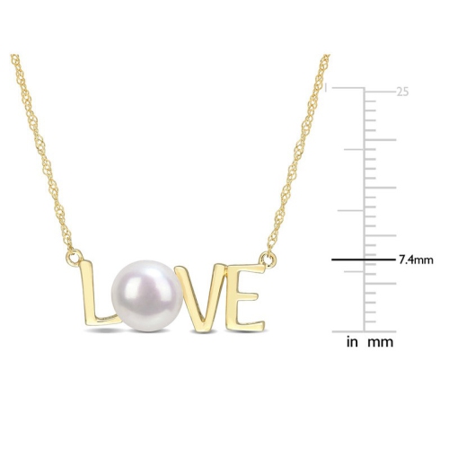 7-7.5MM Freshwater Cultured Pearl LOVE Pendant Necklace in10K Yellow Gold with Chain