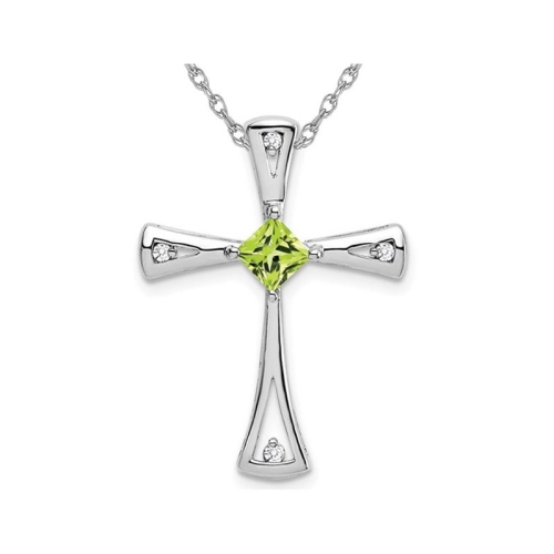 GEM AND HARMONY  3/10 Carat (Ctw) Natural Peridot Cross Pendant Necklace In 14K Gold With Chain In White