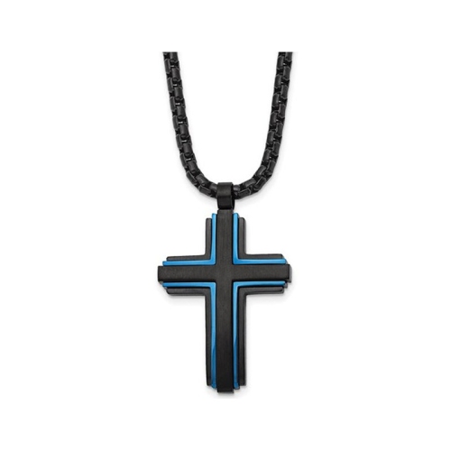 Mens Stainless Steel Blue and Black Cross Necklace with Chain