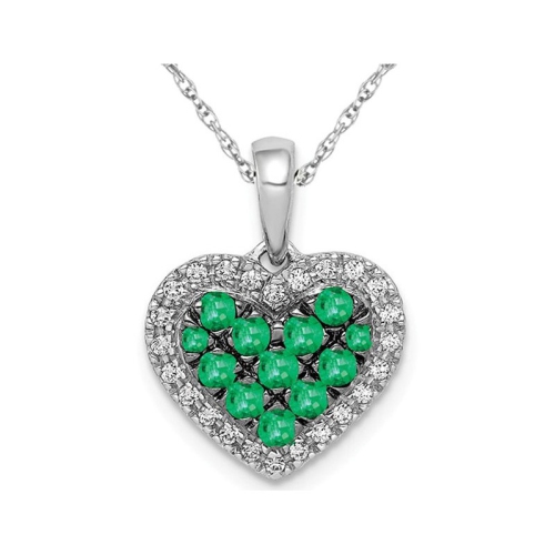 3/10 Carat Natural Green Emerald Heart Pendant Necklace in 14K White Gold with Diamonds and Chain