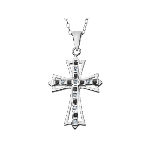 GEM AND HARMONY  Sapphire Cross Pendant Necklace In Platinum Plated Sterling Silver With Chain In Blue