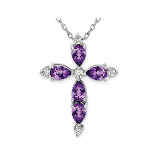 GEM AND HARMONY  3.45 Carat (Ctw) Amethyst Cross Pendant Necklace In 14K Gold With Diamonds And Chain In White