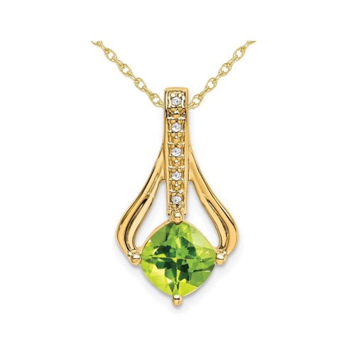 GEM AND HARMONY  1.30 Carat (Ctw) Natural Cushion-Cut Peridot Pendant Necklace In 14K Gold With Chain In Yellow