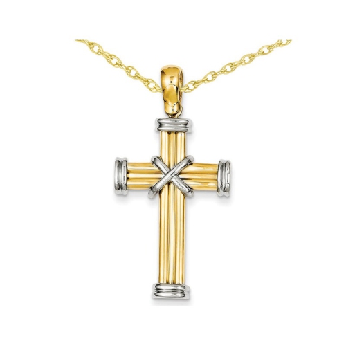 GEM AND HARMONY  14K And White Gold Latin Cross Pendant Necklace With Chain In Yellow