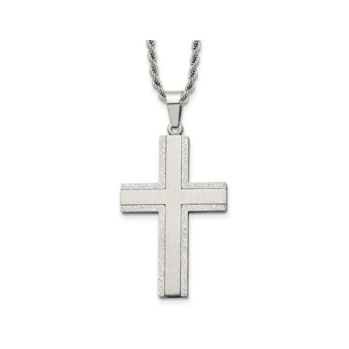 GEM AND HARMONY  Mens Stainless Steel Polished Laser-Cut Cross Pendant Necklace With Chain In Multicolor