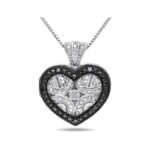 GEM AND HARMONY  1/20 Carat (Ctw) Diamond Heart Locket Pendant Necklace In Sterling Silver With Chain In Black
