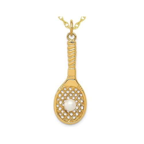 GEM AND HARMONY  Tennis Racquet Pendant Necklace In 14K Gold With Freshwater Cultured Pearl Ball In White