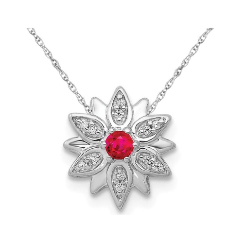 GEM AND HARMONY  1/12 Carat (Ctw) Natural Ruby Flower Charm Pendant Necklace In 14K Gold With Chain In White