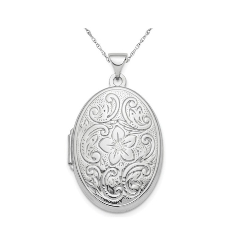 GEM AND HARMONY  Sterling Patterned Oval Locket Pendant Necklace With Chain In Silver