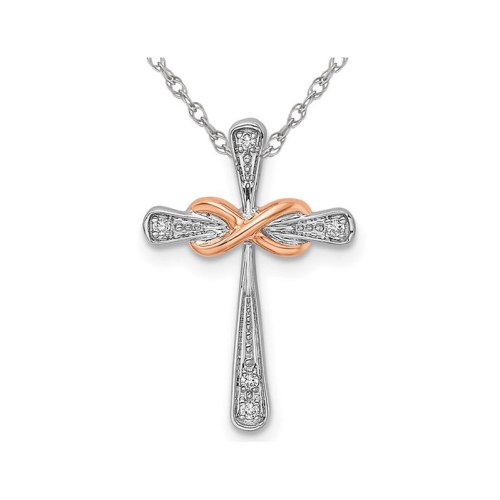 GEM AND HARMONY  14K Gold Diamond Accent Infinity Rose Cross Pendant Necklace With Chain In White