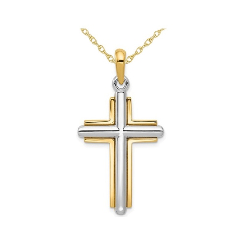 GEM AND HARMONY  14K And White Gold Cross Pendant Necklace With Chain In Yellow