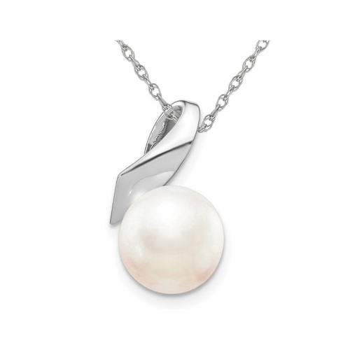 Freshwater Cultured Pearl Solitaire Pendant Necklace in 14K White Gold with Chain