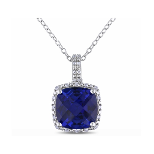 Image 1 de 4.. Collier en argent sterling avec chaîne et pendentif en saphir bleu synthétique en laboratoire et diamant d'5,85&nbsp;carat