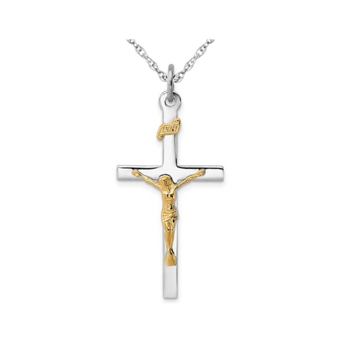 GEM AND HARMONY  Sterling Silver With 18K Plating Crucifix Cross Pendant Necklace With Chain In Gold
