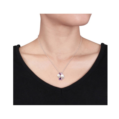 White Freshwater Cultured Pearl, Amethyst, Created Pink, White Sapphire Cluster Pendant Necklace Sterling Silver