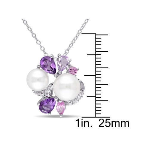 White Freshwater Cultured Pearl, Amethyst, Created Pink, White Sapphire Cluster Pendant Necklace Sterling Silver