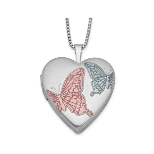 GEM AND HARMONY  Sterling Floating Butterflies Heart Locket Pendant With Chain In Silver