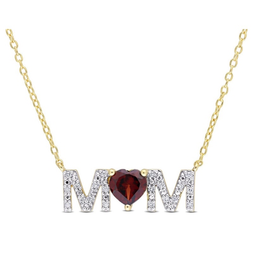 4/5 Carat Garnet MOM Pendant Necklace in Yellow Plated Silver with Chain