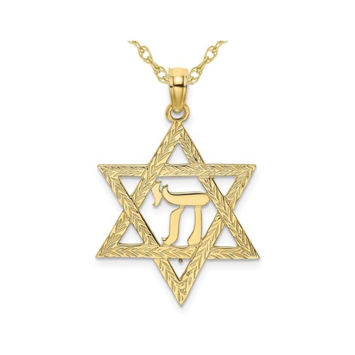 GEM AND HARMONY  Chai And Star Of David Pendant Necklace Charm In 10K And White Gold With Chain In Yellow