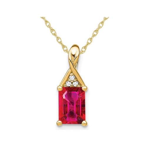 GEM AND HARMONY  1.00 Carat (Ctw) Emerald Cut Ruby Pendant Necklace In 14K Gold With Chain In Yellow
