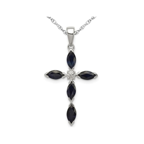 GEM AND HARMONY  1.40 Carat (Ctw) Dark Sapphire Cross Pendant Necklace In Sterling Silver With Chain In Blue