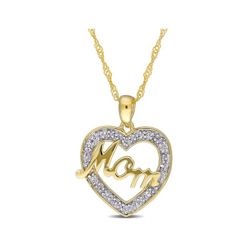 GEM AND HARMONY  Accent Diamond Mom Heart Pendant Necklace In 10K Gold With Chain In Yellow