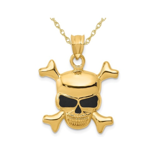 14K Yellow Gold Skull And Cross Bones Pendant Necklace with Chain