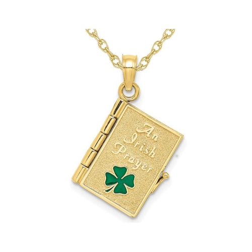 GEM AND HARMONY  10K Gold Irish Prayer Book With Clover Charm Pendant Necklace With Chain In Yellow