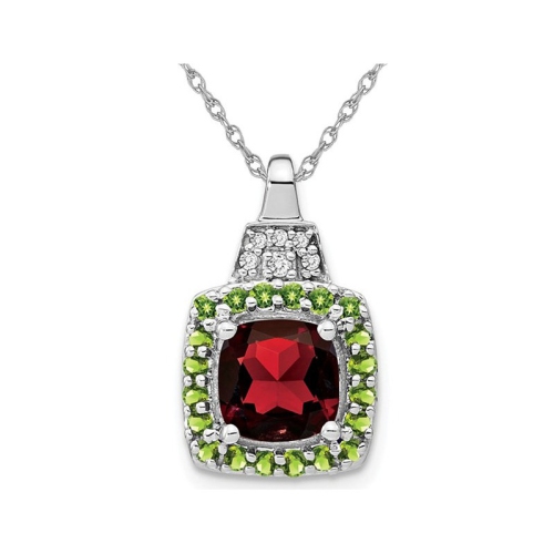 GEM AND HARMONY  1.30 Carat (Ctw) Garnet And Peridot Pendant Necklace In 14K Gold With Chain In White