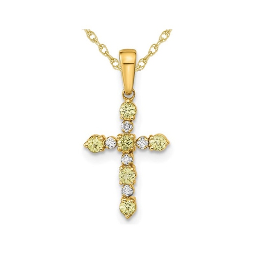 GEM AND HARMONY  1/4 Carat (Ctw) Natural Green Peridot Cross Pendant Necklace In 14K Gold In Yellow