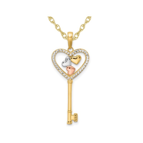 14K Yellow and Pink Gold Key Heart Charm Pendant Necklace with Chain