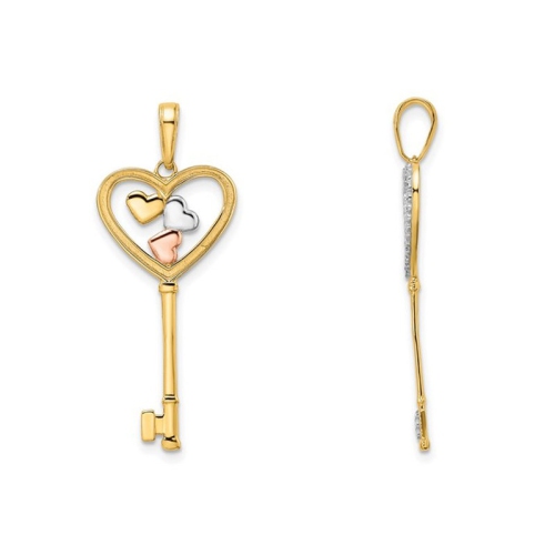 14K Yellow and Pink Gold Key Heart Charm Pendant Necklace with Chain
