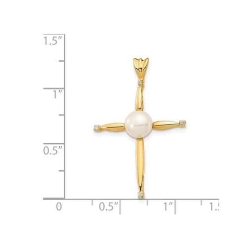 14K Yellow Gold Cross Pendant Necklace with Freshwater Cultured Pearl