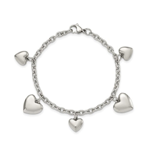 GEM AND HARMONY  Stainless Steel Polished Hearts Bracelet 8 Inches In Multicolor